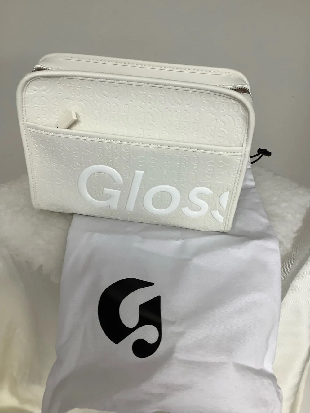 Glossier Limited Edition White Embossed Logo Cosmetic Case w Dust Bag